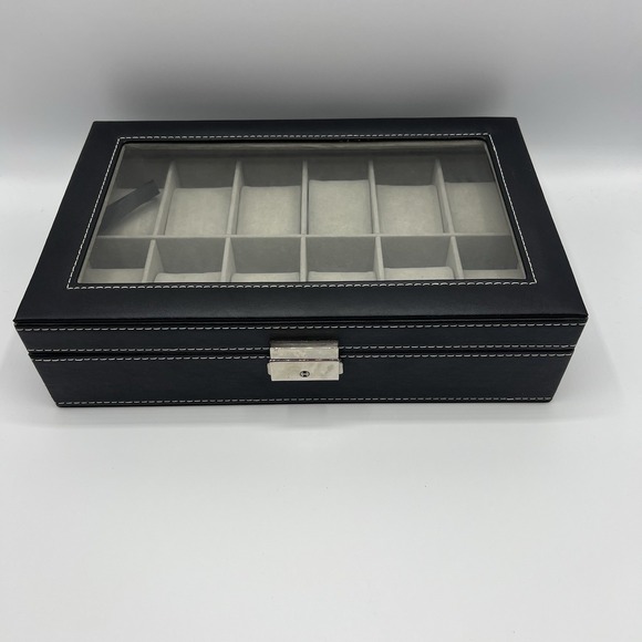 12 Watch Display Box Organizer Pu Leather With Glass Top Large Black Sodynee - Picture 4 of 8